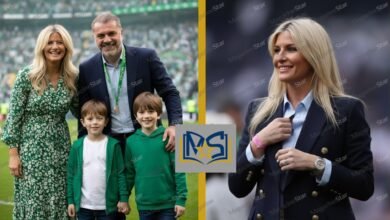 Ange Postecoglou with wife Georgia and their children at football stadium