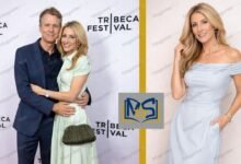 Helen Labdon and Greg Kinnear at Tribeca Festival red carpet with Helen Labdon solo portrait in blue dress