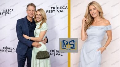 Helen Labdon and Greg Kinnear at Tribeca Festival red carpet with Helen Labdon solo portrait in blue dress