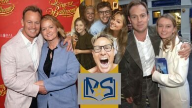 Angela Malloch with Jason Donovan in a family photo collage featuring public event appearances and a selfie with their children