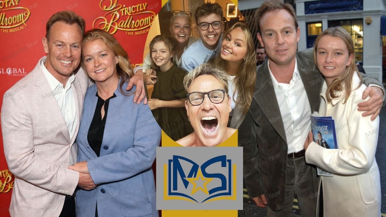 Angela Malloch with Jason Donovan in a family photo collage featuring public event appearances and a selfie with their children