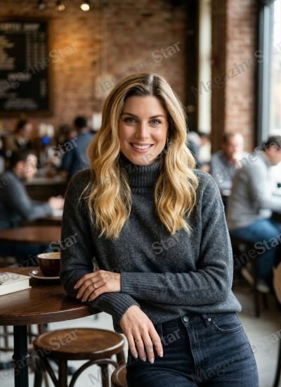 Woman in a grey sweater smiling in a cafe setting for an Ashley James biography article