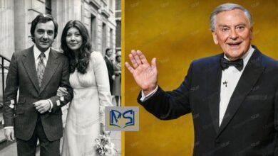 Split image showing British comedian Bob Monkhouse and his second wife Jacqueline Harding on their wedding day in 1973, alongside a color portrait of the late TV presenter.