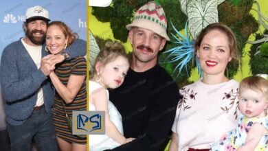 Cyclist Cole Maness and his wife, actress Erika Christensen, posing happily with their two young daughters, Shane and Polly.