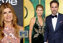 Actress Connie Britton smiling alongside her ex-husband, John Britton, at a red carpet event.