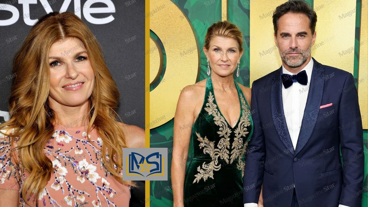Actress Connie Britton smiling alongside her ex-husband, John Britton, at a red carpet event.
