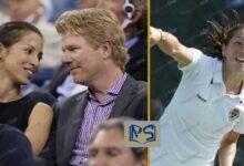 Side-by-side collage showing a woman seated beside a man at a sporting event and a female tennis player in white during match play.