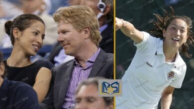 Side-by-side collage showing a woman seated beside a man at a sporting event and a female tennis player in white during match play.