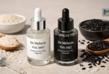 Dr Melaxin Peel Shot Black vs White Rice exfoliating ampoule comparison showing skincare bottles with rice ingredients