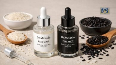Dr Melaxin Peel Shot Black vs White Rice exfoliating ampoule comparison showing skincare bottles with rice ingredients