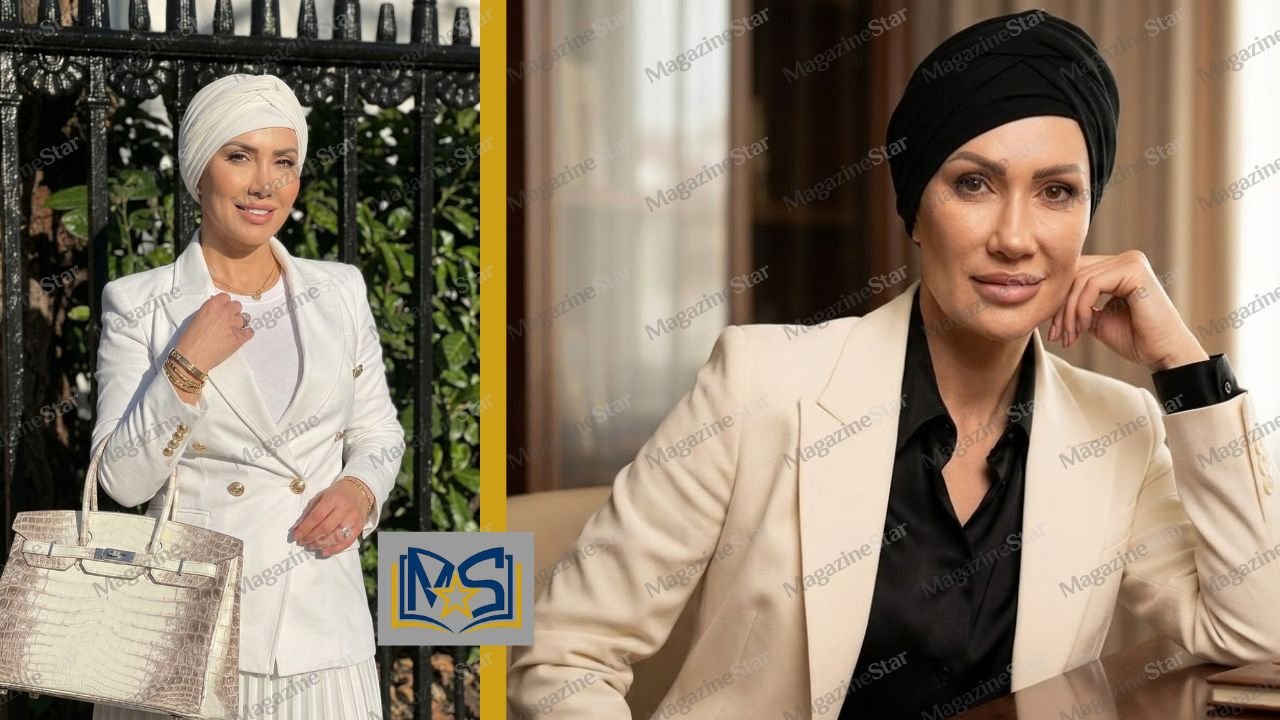 Portrait of Emily Abraham wearing a beige blazer and black headscarf