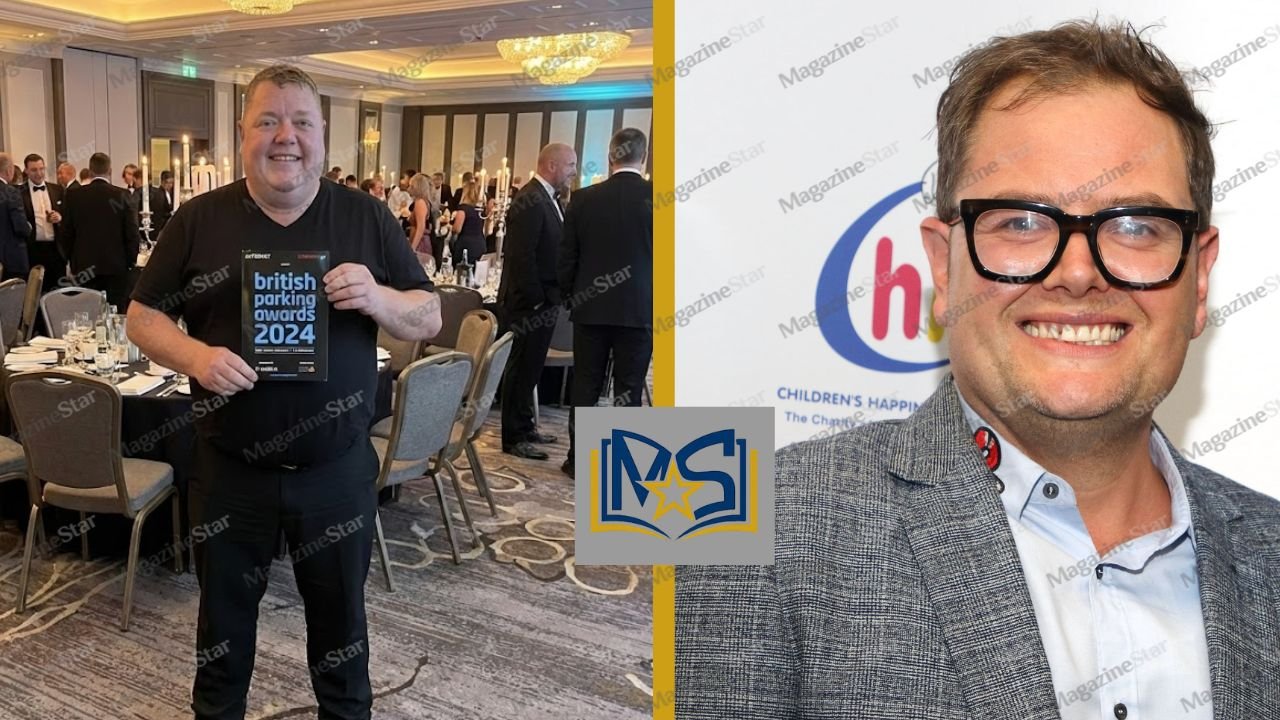 Gary Carr holding British Parking Awards 2024 booklet alongside comedian Alan Carr at a formal event