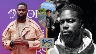 British grime rapper Ghetts at public event with black and white portrait and inset street photograph.