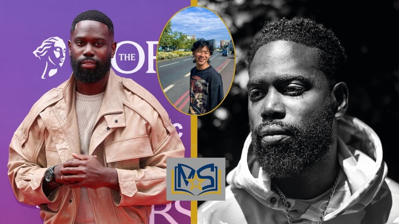 British grime rapper Ghetts at public event with black and white portrait and inset street photograph.