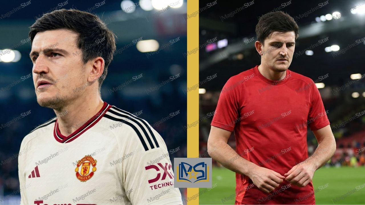 Harry Maguire Manchester United defender portrait during Premier League match highlighting the football star whose net worth and salary are widely searched.