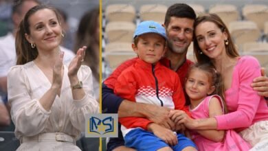Jelena Djokovic cheering in the stands, next to a family photo with husband Novak Djokovic, son Stefan, and daughter Tara.