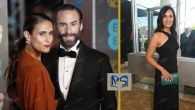 Swiss model Maria Dolores Dieguez and her husband Joseph Fiennes attending a red carpet event, and Maria posing elegantly in a black halter dress holding a green clutch.