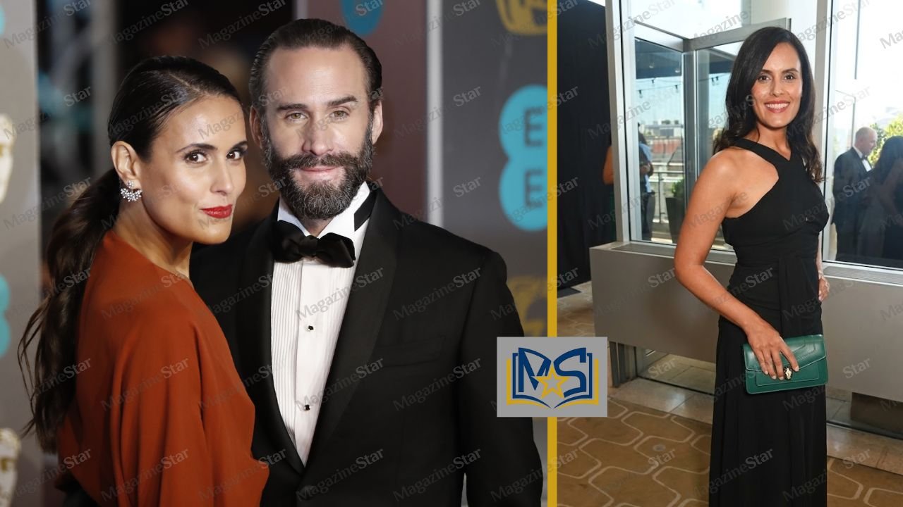 Swiss model Maria Dolores Dieguez and her husband Joseph Fiennes attending a red carpet event, and Maria posing elegantly in a black halter dress holding a green clutch.