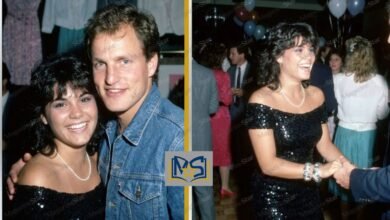 Young Nancy Simon and actor Woody Harrelson smiling together during their brief marriage in 1985.