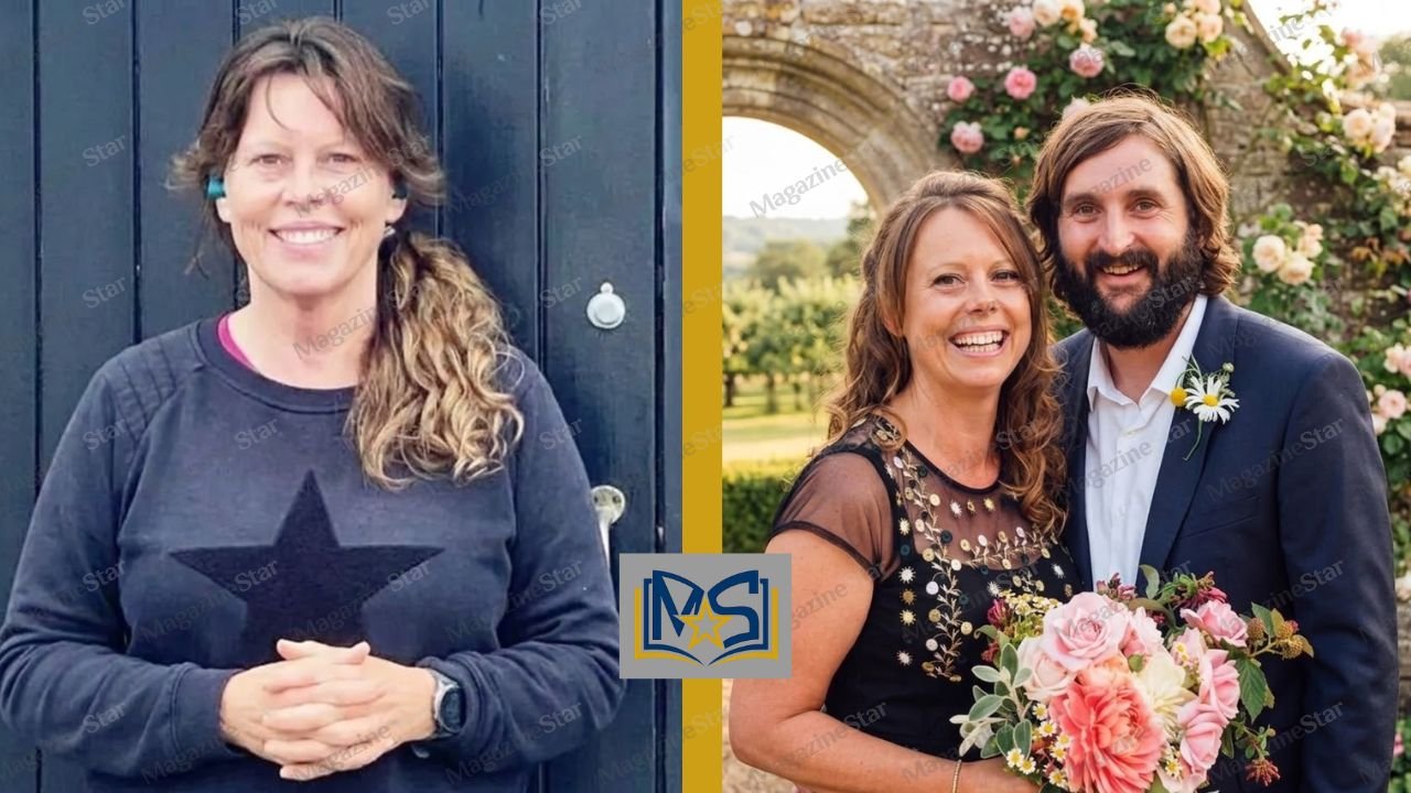 Petra Exton in a casual outfit next to her beautiful wedding photo with comedian husband Joe Wilkinson.