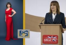 Collage showing Rachel Reeves in a red dress portrait and speaking at a podium during a public event
