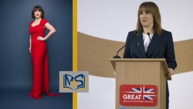 Collage showing Rachel Reeves in a red dress portrait and speaking at a podium during a public event