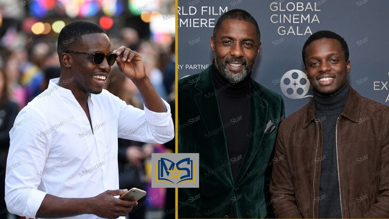 Riaze Foster smiling in a white shirt alongside his father, actor Idris Elba, at a global film premiere.