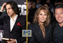 Split screen showing Marvel Studios executive producer Richie Palmer on the left, and actor Richie Palmer with his ex-wife Raquel Welch on the right.