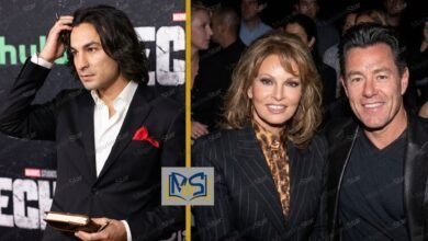 Split screen showing Marvel Studios executive producer Richie Palmer on the left, and actor Richie Palmer with his ex-wife Raquel Welch on the right.
