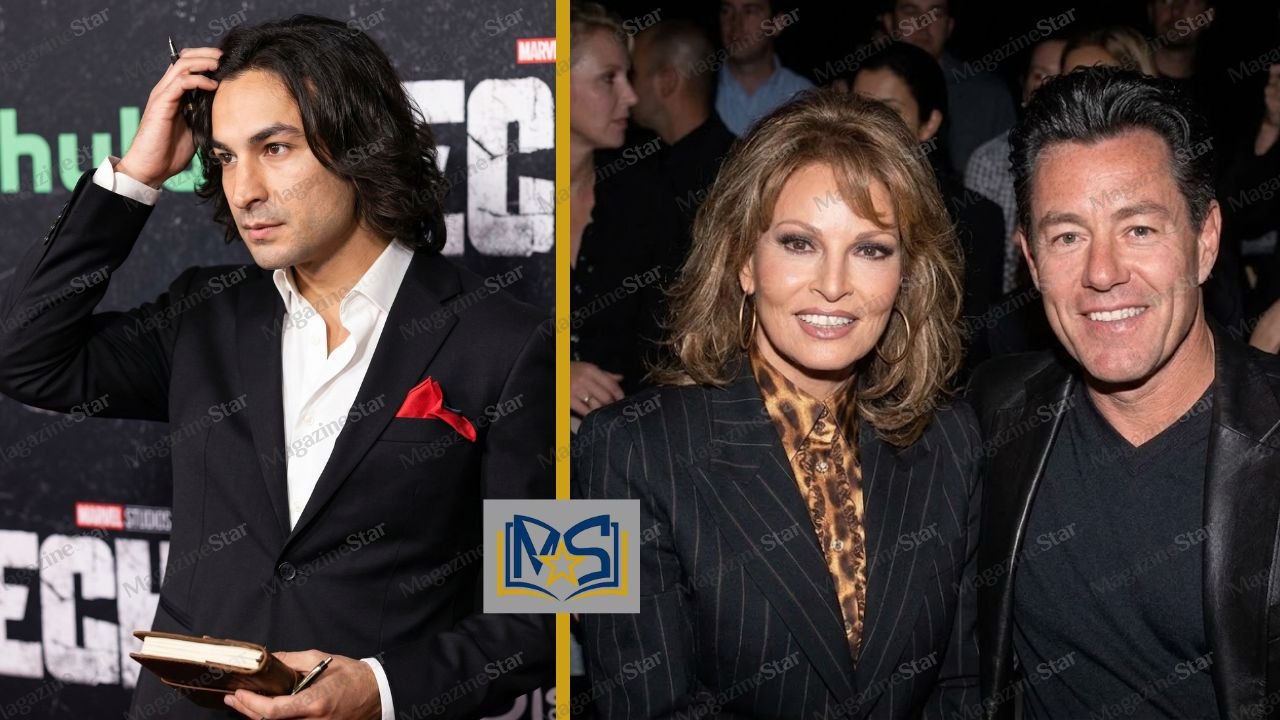 Split screen showing Marvel Studios executive producer Richie Palmer on the left, and actor Richie Palmer with his ex-wife Raquel Welch on the right.