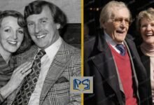 Penelope Keith and Rodney Timson then and now – a young black and white photo beside a recent photo of the couple together