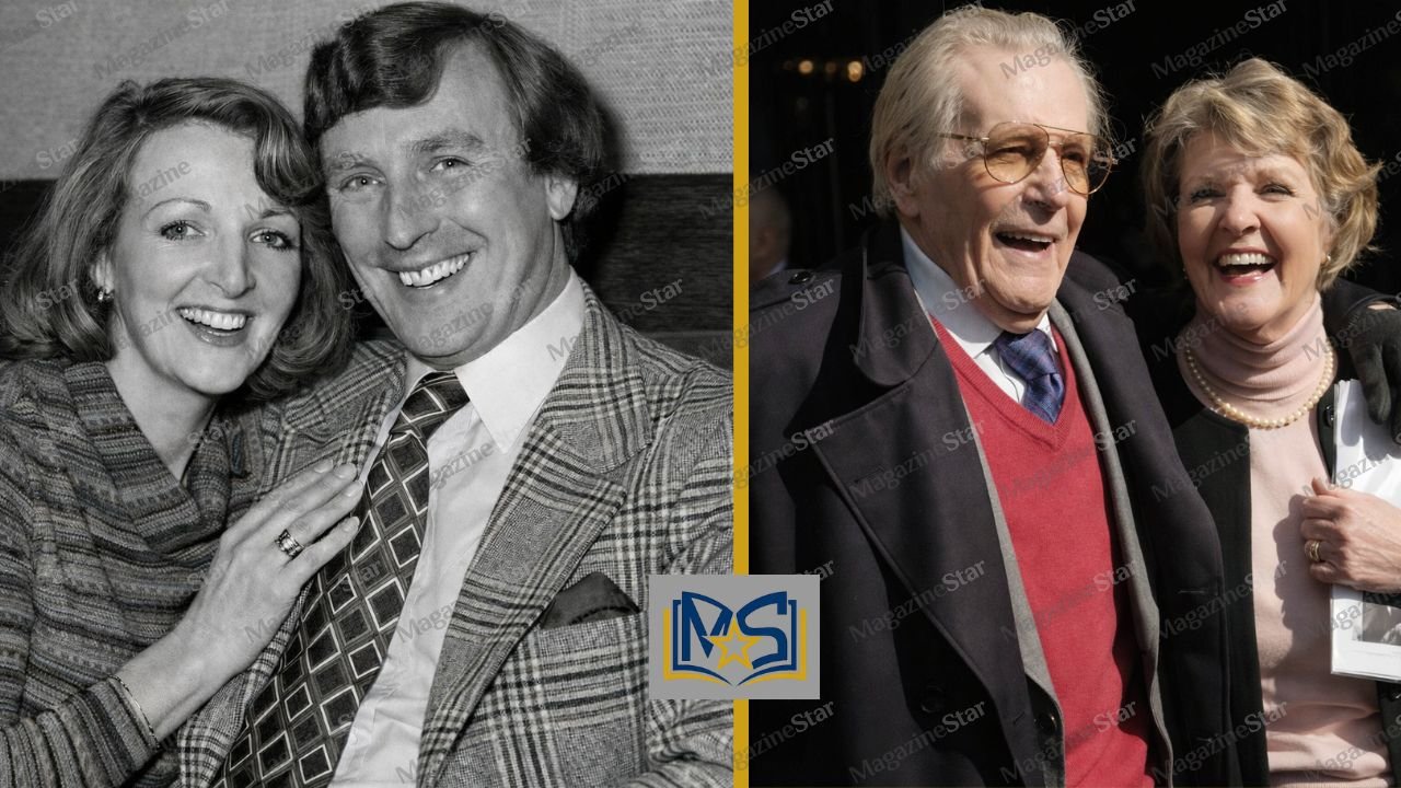 Penelope Keith and Rodney Timson then and now – a young black and white photo beside a recent photo of the couple together