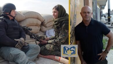 Ross Kemp filming a documentary in a conflict zone and portrait image highlighting his investigative journalism career
