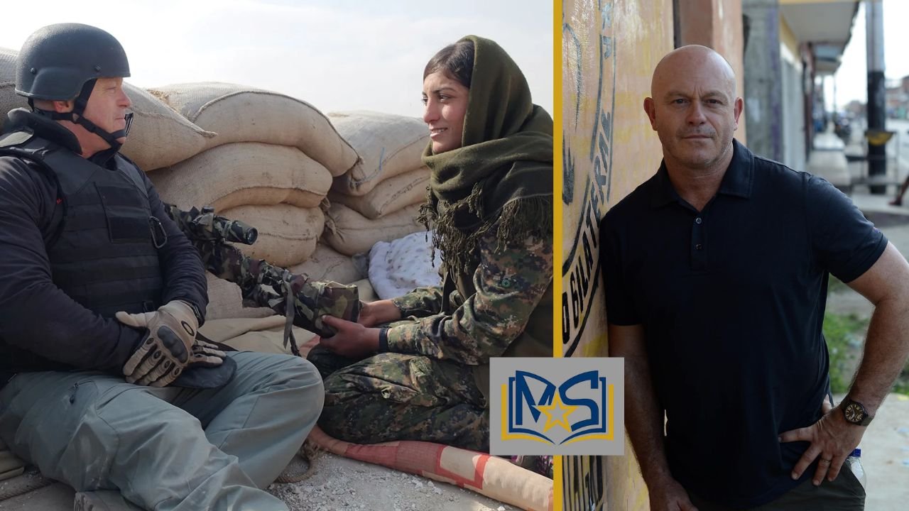 Ross Kemp filming a documentary in a conflict zone and portrait image highlighting his investigative journalism career