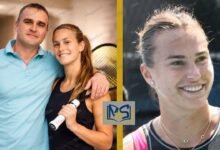 Aryna Sabalenka holding a tennis racket smiling with her late father Sergey Sabalenka, Magazine Star exclusive.