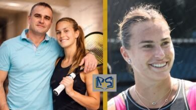 Aryna Sabalenka holding a tennis racket smiling with her late father Sergey Sabalenka, Magazine Star exclusive.