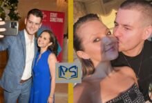 Tom Leach with wife Mia McKenna-Bruce taking a selfie together at an event and sharing a candid romantic moment
