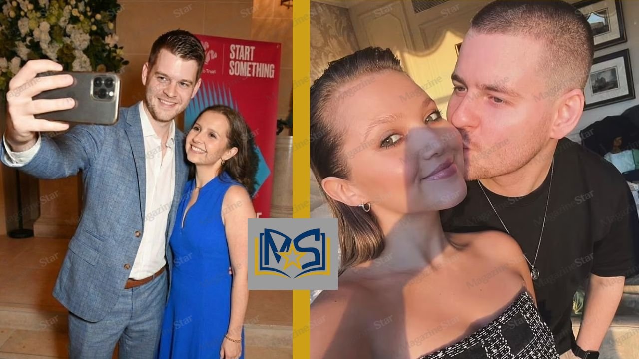 Tom Leach with wife Mia McKenna-Bruce taking a selfie together at an event and sharing a candid romantic moment