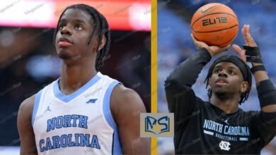 Collage of a UNC basketball player in two looks, featuring a white North Carolina jersey on the left and a black warm-up outfit while shooting a basketball on the right.