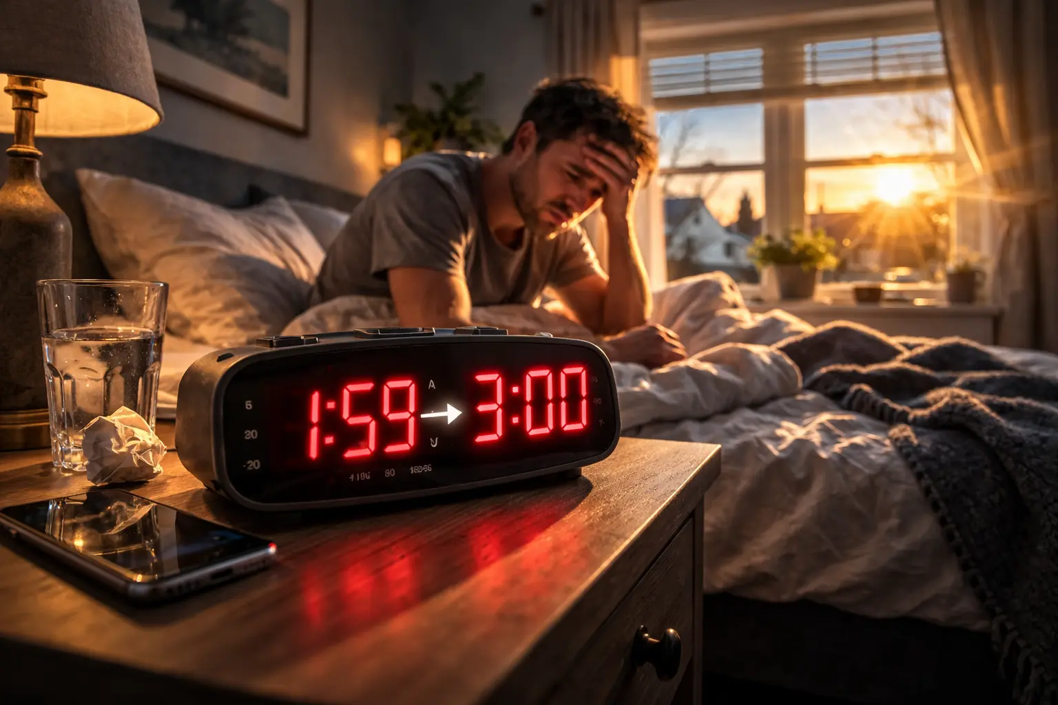 Tired man sitting in bed at sunrise beside a digital alarm clock showing the jump from 1:59 a.m. to 3:00 a.m. during Daylight Saving Time in the US.