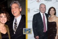 A collage of Amy Povich showing her with her father Maury Povich on the left and with her husband Dr. David Agus on the right at a red carpet event.