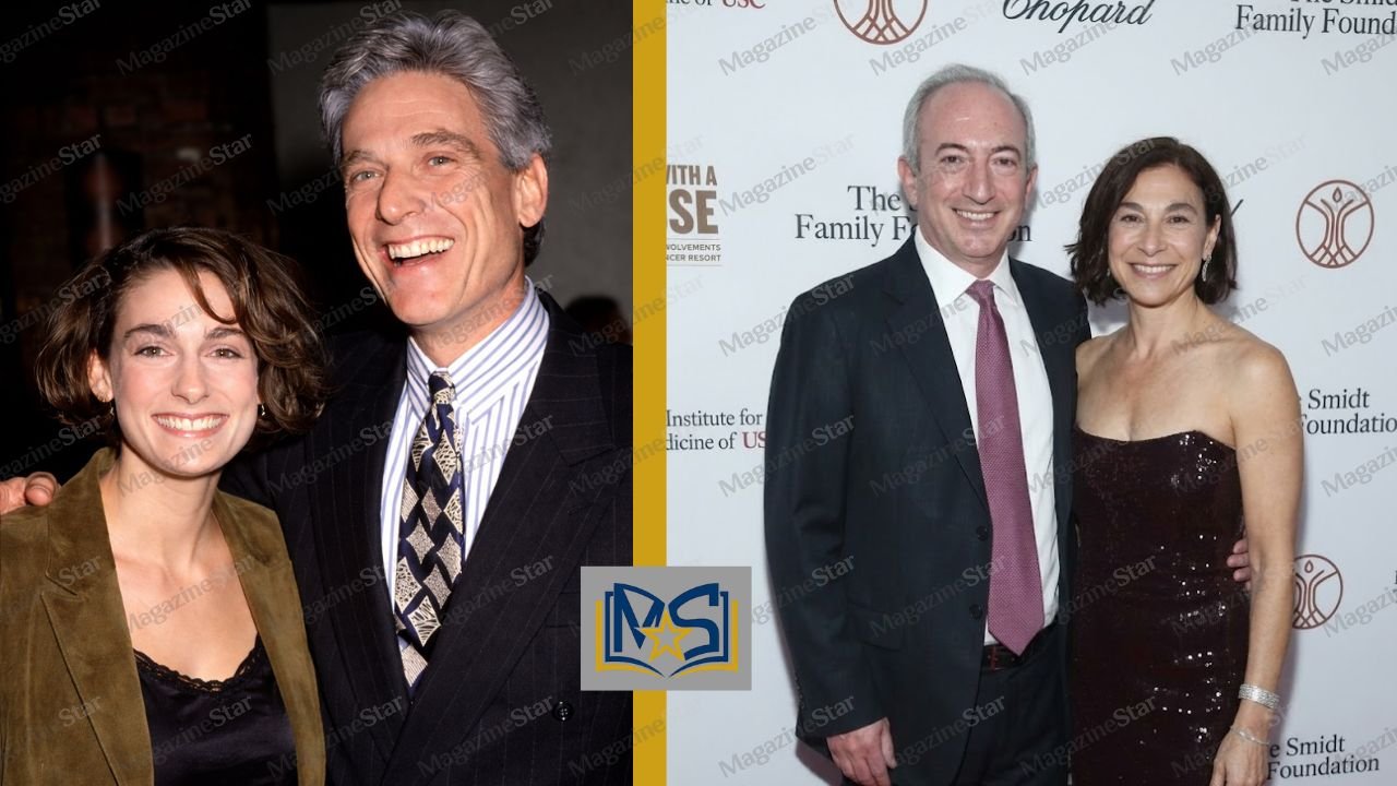 A collage of Amy Povich showing her with her father Maury Povich on the left and with her husband Dr. David Agus on the right at a red carpet event.