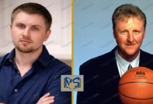 A side-by-side comparison of Connor Bird and his father NBA legend Larry Bird with Magazine Star branding.