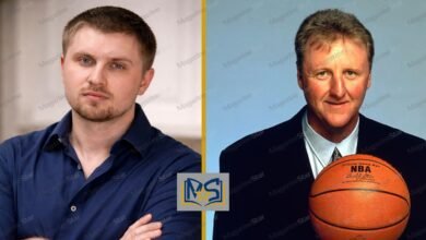 A side-by-side comparison of Connor Bird and his father NBA legend Larry Bird with Magazine Star branding.