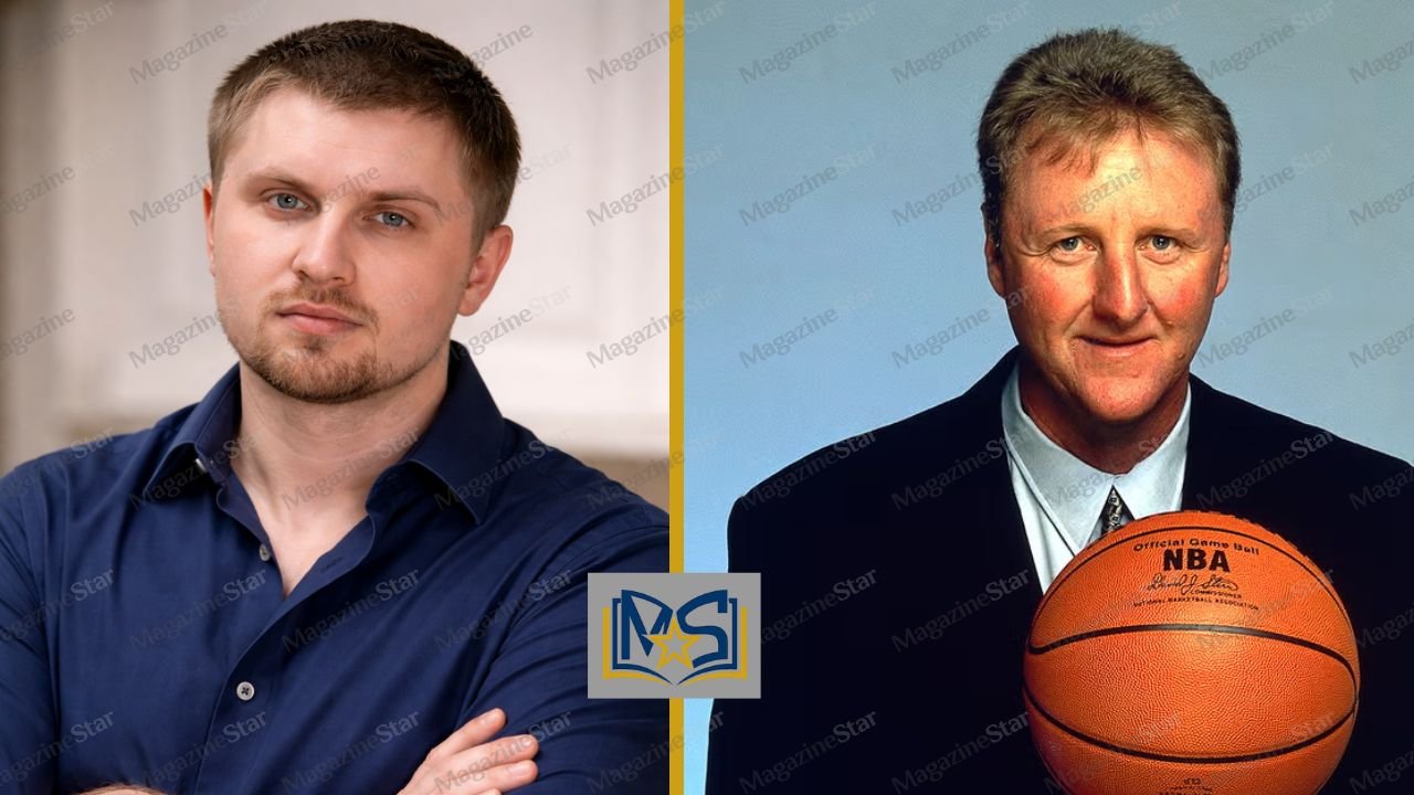 A side-by-side comparison of Connor Bird and his father NBA legend Larry Bird with Magazine Star branding.