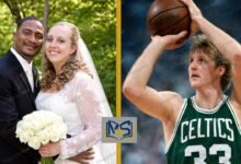 Corrie Bird and husband Trent Batson on their wedding day alongside a classic photo of her father, NBA legend Larry Bird.