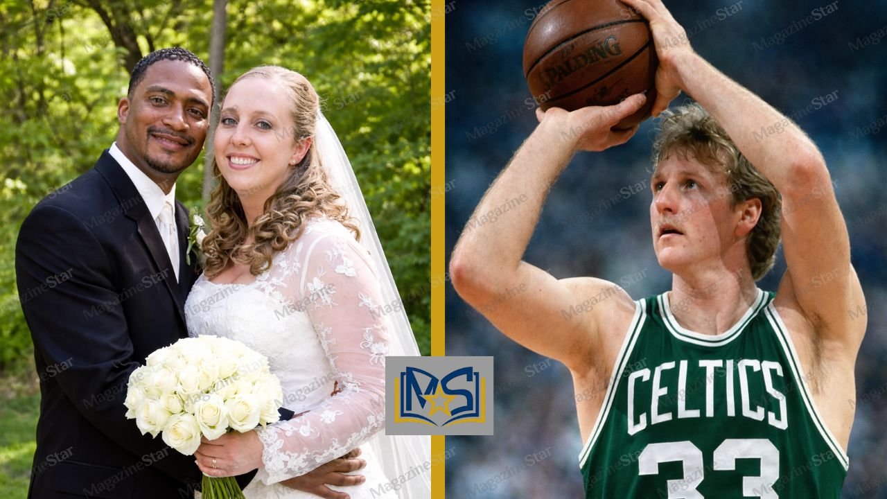 Corrie Bird and husband Trent Batson on their wedding day alongside a classic photo of her father, NBA legend Larry Bird.