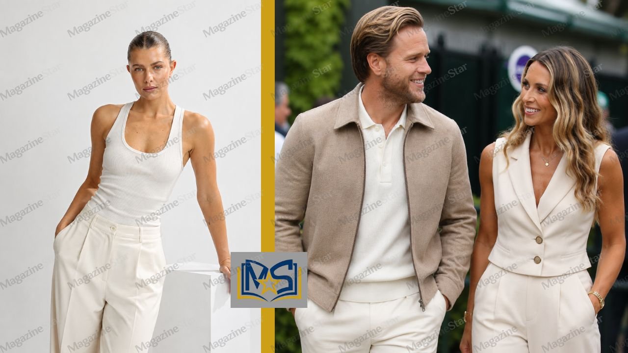 Amelia Tank posing in a white sleeveless outfit alongside husband Olly Murs at a public event, both wearing coordinated neutral-colored clothing.