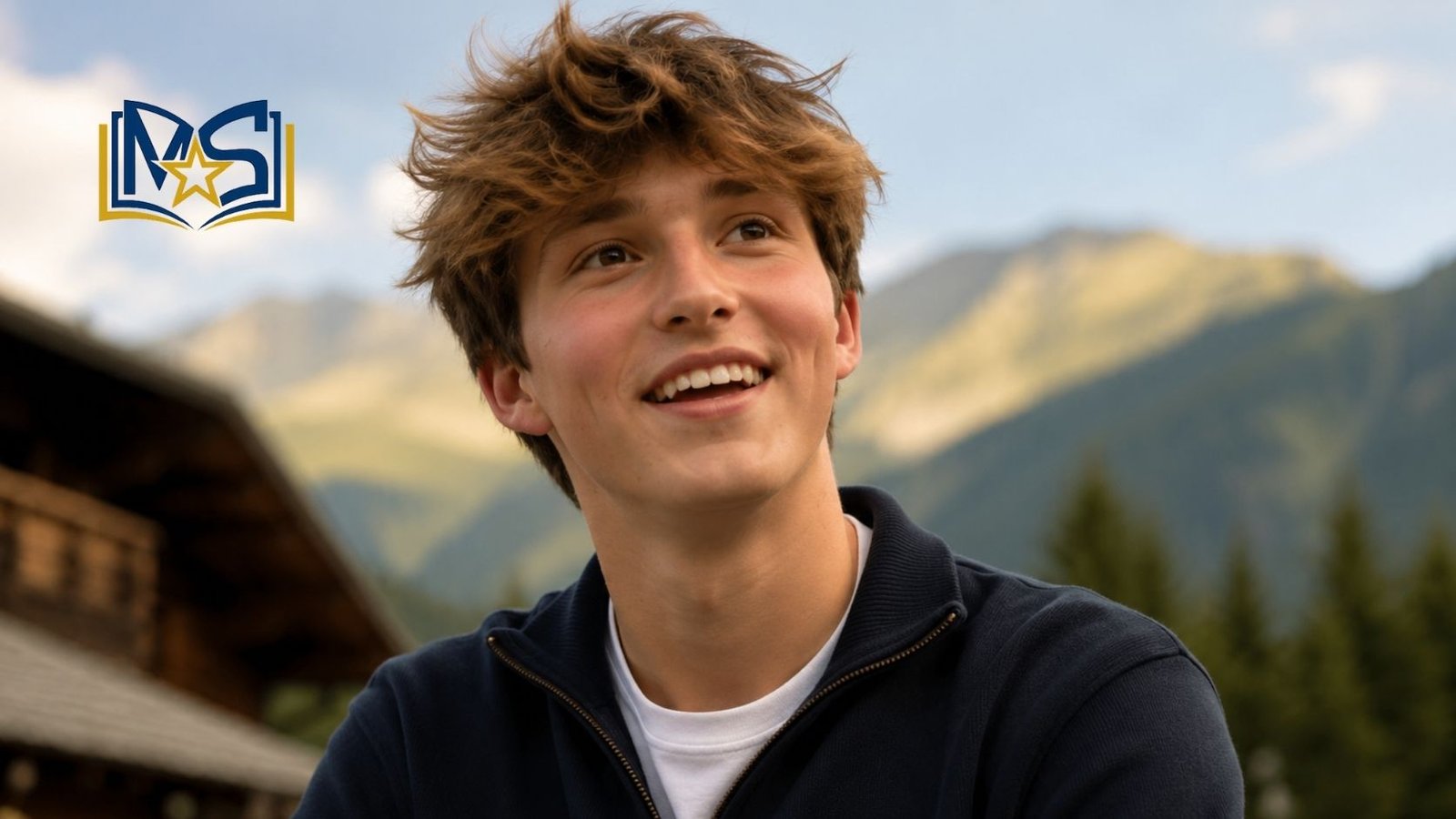 A smiling portrait of professional downhill racer Oscar Griffiths, the eldest son of actress Gillian Anderson, against a mountain landscape background.