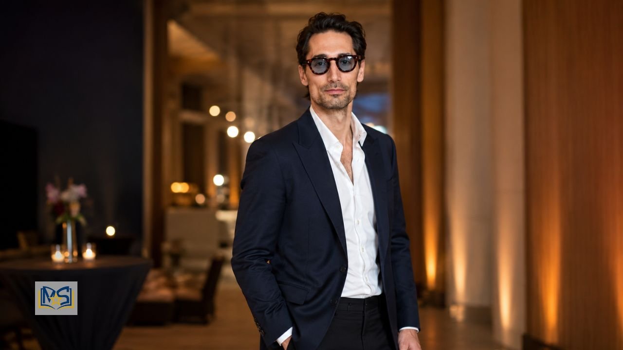 Hugo Taylor wearing a navy suit and sunglasses at an indoor event